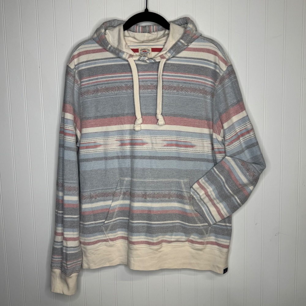 Faherty Brand Byron Bay Hoodie Large Organic Cotton Aztec Striped Blue Red Cream